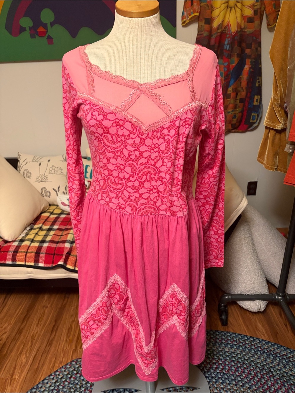 Jelly The Pug Hot Pink Long-Sleeve Lace Panel Dress 100% Cotton